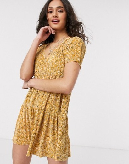 Pull&Bear tiered smock mini dress in yellow floral print - flipped