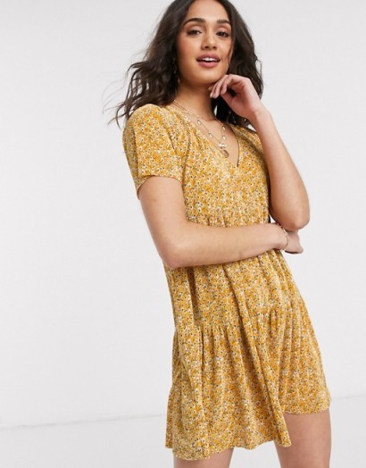 Pull&Bear tiered smock mini dress in yellow floral print