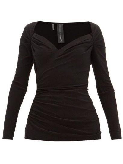 NORMA KAMALI Queen Anne-neckline gathered stretch-jersey top ~ fitted ruched tops - flipped
