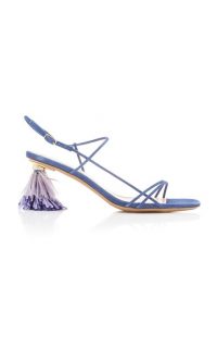 Jacquemus Raphia Embellished Strappy Suede Sandals in Blue ~ tasseled heels
