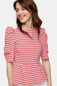 TOPSHOP Red Gingham Lace Up Puff Sleeve Blouse