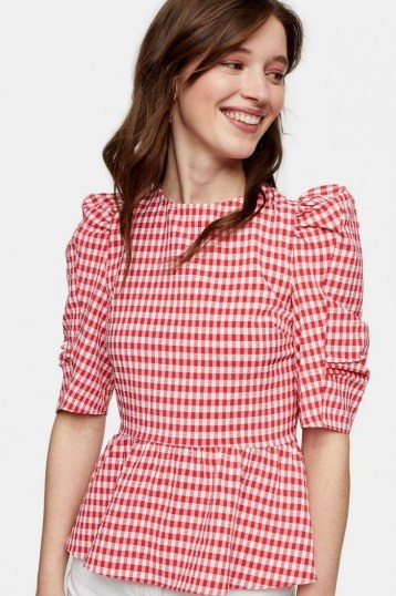 TOPSHOP Red Gingham Lace Up Puff Sleeve Blouse - flipped