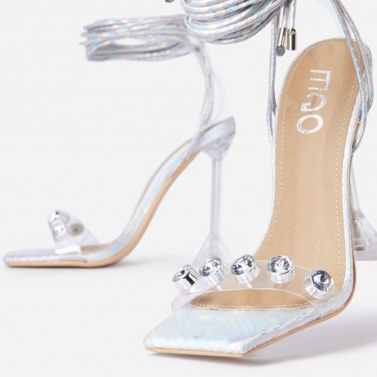 EGO Reina Gem Detail Square Toe Lace Up Clear Perspex Pyramid Heel In Silver Snake Print Faux Leather - flipped