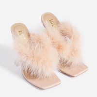 EGO Rich-AF Diamante Detail Fluffy Square Toe Clear Perspex Pyramid Heel Mule In Nude Faux Leather – going out glamour