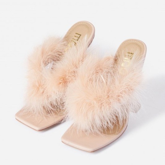EGO Rich-AF Diamante Detail Fluffy Square Toe Clear Perspex Pyramid Heel Mule In Nude Faux Leather – going out glamour - flipped