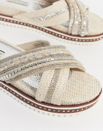 River Island diamonte detail flatform sandal in white | diamante embellished slides