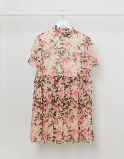 River Island floral tiered mini smock dress in pink / pretty summer dresses - flipped