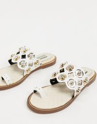 River Island laser cut out sandal in white / faux crystal flats