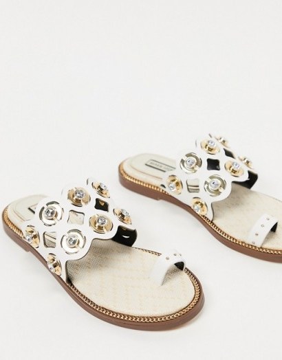 River Island laser cut out sandal in white / faux crystal flats - flipped