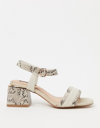River Island snake detail square toe heeled sandal in cream / block heel sandals - flipped