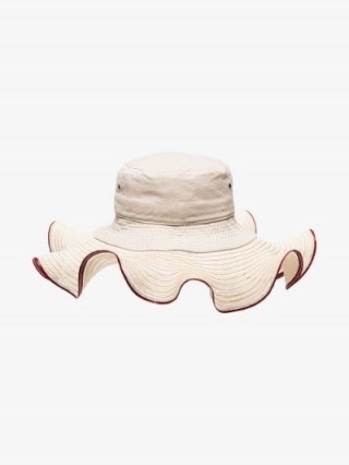 Rosie Assoulin Neutral Ruffled Bucket Hat / summer hats - flipped