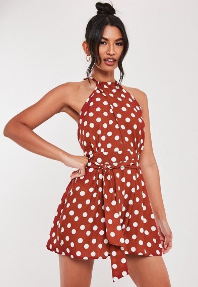 MISSGUIDED rust polka dot high neck playsuit - flipped