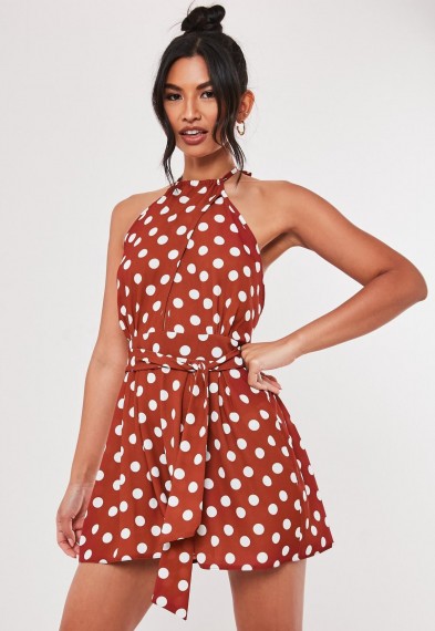 MISSGUIDED rust polka dot high neck playsuit