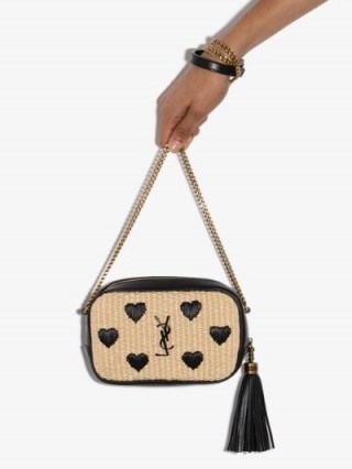 Saint Laurent Beige Lou Heart Embroidered Raffia Mini Bag / designer crossbody bags - flipped