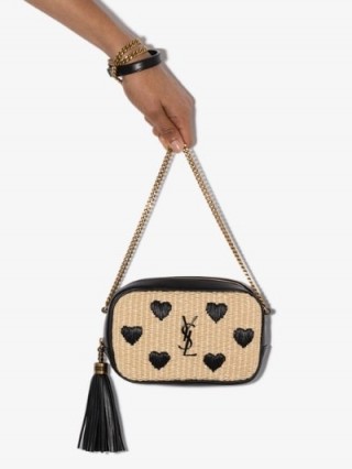 Saint Laurent Beige Lou Heart Embroidered Raffia Mini Bag / designer crossbody bags