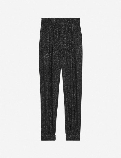SAINT LAURENT Tapered high-rise lamé knit trousers noir / glam pants - flipped