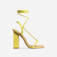 EGO Scandalous Lace Up Square Toe Block Heel In Yellow Faux Leather – strappy sandals