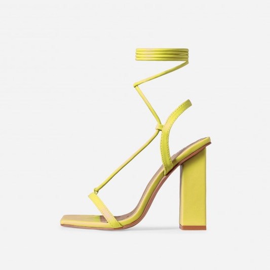 EGO Scandalous Lace Up Square Toe Block Heel In Yellow Faux Leather – strappy sandals - flipped