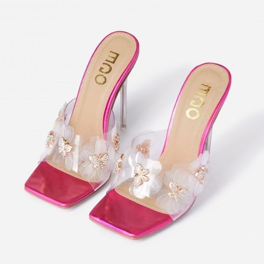 EGO Secret Diamante Butterfly Detail Square Peep Toe Clear Perspex Heel Mule In Pink Patent - flipped
