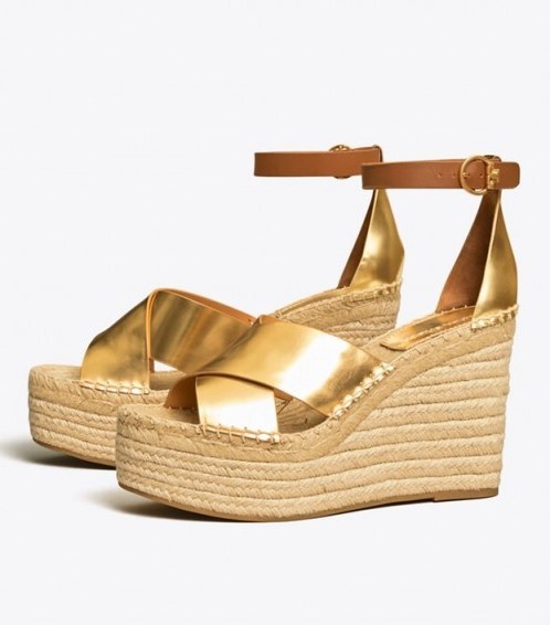 Tory Burch SELBY METALLIC WEDGE ESPADRILLE SANDAL in Old Gold / Ambra / summer ankle strap wedges - flipped