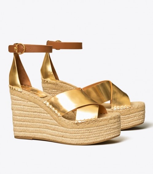 Tory Burch SELBY METALLIC WEDGE ESPADRILLE SANDAL in Old Gold / Ambra / summer ankle strap wedges