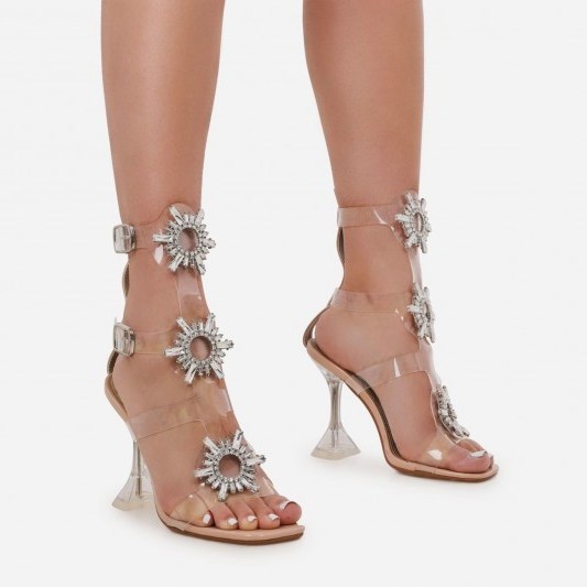 EGO Shine Diamante Detail Caged Perspex Square Toe Heel In Nude Patent – clear statement sandals - flipped
