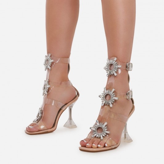 EGO Shine Diamante Detail Caged Perspex Square Toe Heel In Nude Patent – clear statement sandals