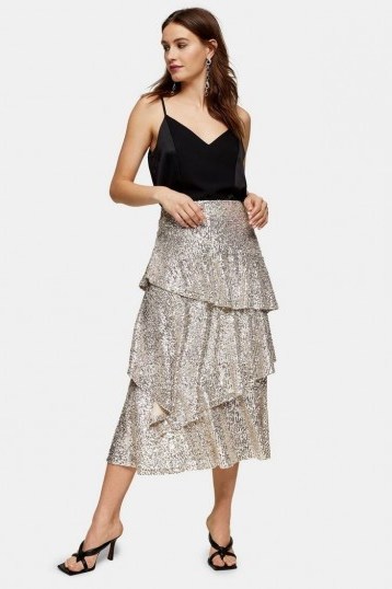 Topshop Silver Sequin Tiered Midi Skirt - flipped