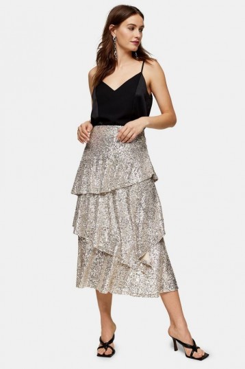 Topshop Silver Sequin Tiered Midi Skirt