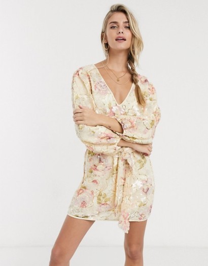 Skylar Rose wrap dress with balloon sleeves in lux floral sequin