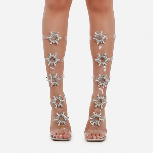 EGO Sparkle Diamante Detail Square Toe Knee High Caged Clear Perspex Heel In Silver Holographic Patent – statement heels