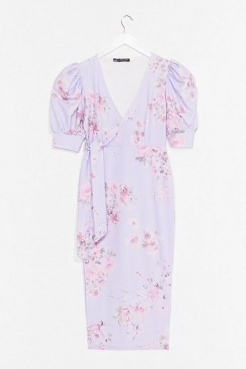 Nasty Gal Spring into Action Floral Midi Dress | lilac puff sleeve dresses - flipped