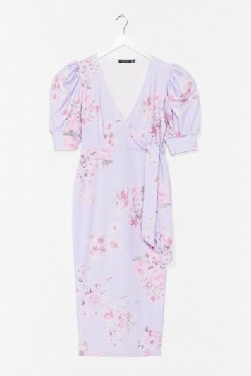 Nasty Gal Spring into Action Floral Midi Dress | lilac puff sleeve dresses