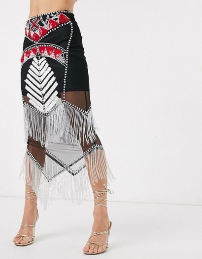 Starlet embellished fringe midi skirt co-ord | semi sheer fringed skirts - flipped