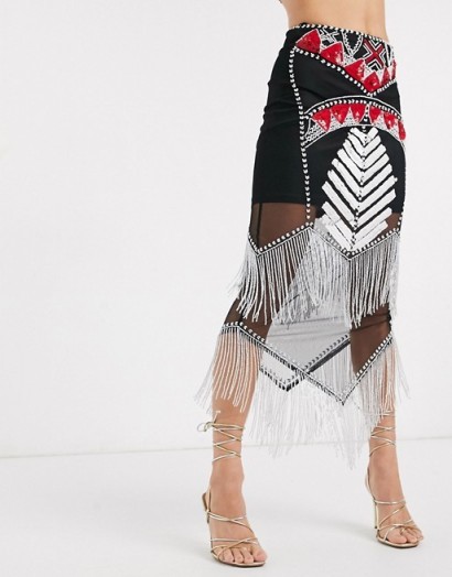 Starlet embellished fringe midi skirt co-ord | semi sheer fringed skirts