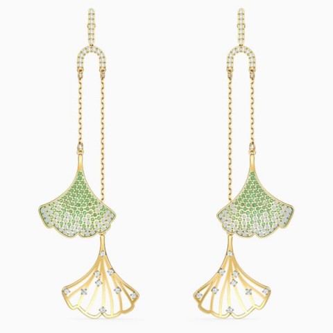 SWAROVSKI STUNNING GINKO MOBILE PIERCED EARRINGS, GREEN, GOLD-TONE PLATED ~ statement drops ~ event jewellery ~ coloured crystals