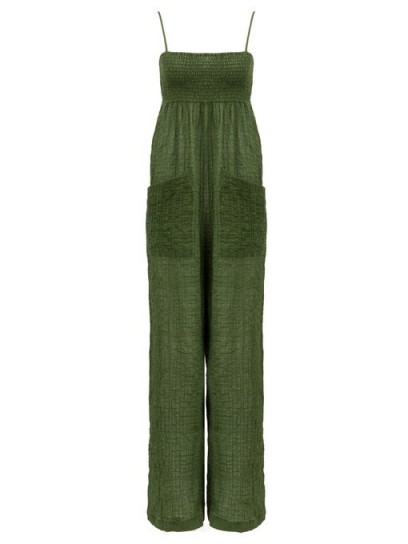 THREE GRACES LONDON Tallie crinkled green cotton-blend voile jumpsuit ~ spaghetti strap summer jumpsuits