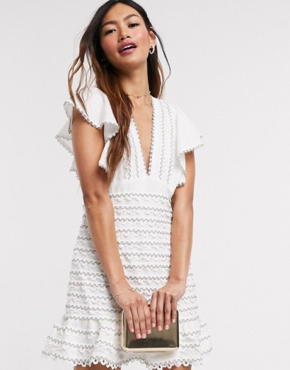 Talulah Cocktail bodycon smocked mini dress in white – flutter sleeve dresses