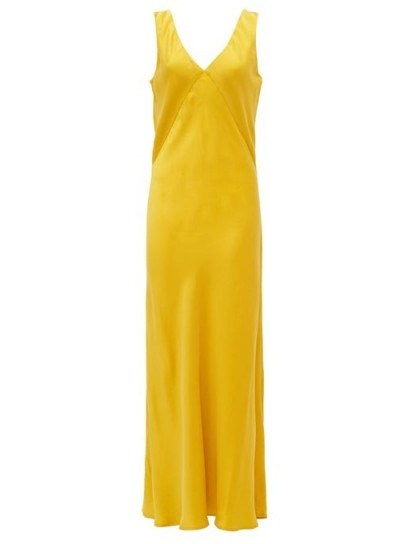 ASCENO The Bordeaux V-neck silk slip dress in ~ yellow summer slip dresses - flipped