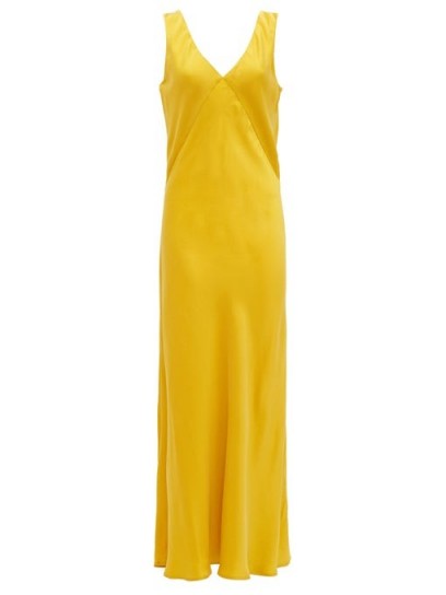 ASCENO The Bordeaux V-neck silk slip dress in ~ yellow summer slip dresses
