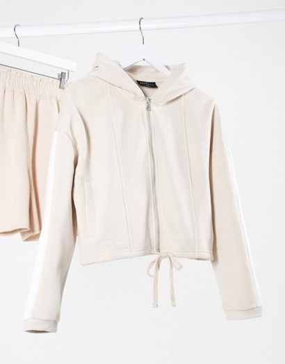 The Couture Club loungewear zip through hoody with contrast side stripe in beige – neutral hoodies - flipped