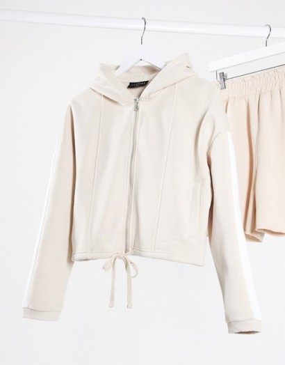 The Couture Club loungewear zip through hoody with contrast side stripe in beige – neutral hoodies