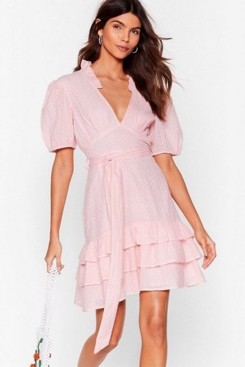 NASTY GAL Tier for You Ruffle Belted Mini Dress – dobby print dresses - flipped