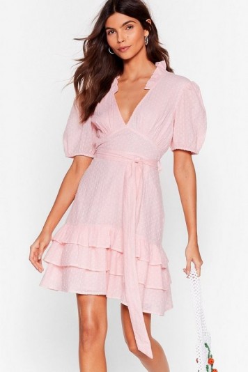 NASTY GAL Tier for You Ruffle Belted Mini Dress – dobby print dresses