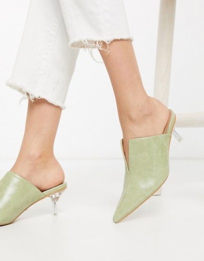 Topshop heeled mules with clear heel in sage – luxe look mule - flipped