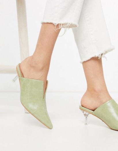 Topshop heeled mules with clear heel in sage – luxe look mule