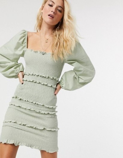 Topshop shirred long sleeve mini dress in sage green – ruffle detail dresses - flipped