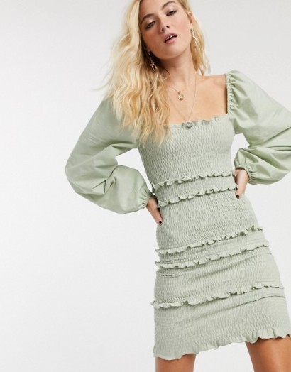 Topshop shirred long sleeve mini dress in sage green – ruffle detail dresses