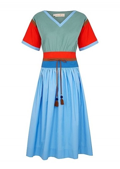TORY BURCH Colour-blocked cotton-poplin midi dress / blue and red fit and flare - flipped