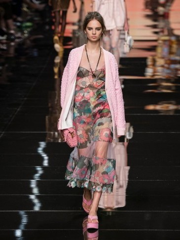 FENDI Tulle-panel windflower-print twill dress in pink and green ~ sheer panelled dresses - flipped